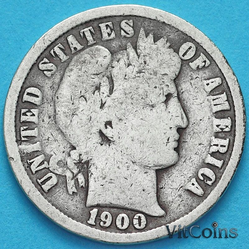 Монета США дайм Барбера (10 центов) 1900 год. Филадельфия. Серебро.