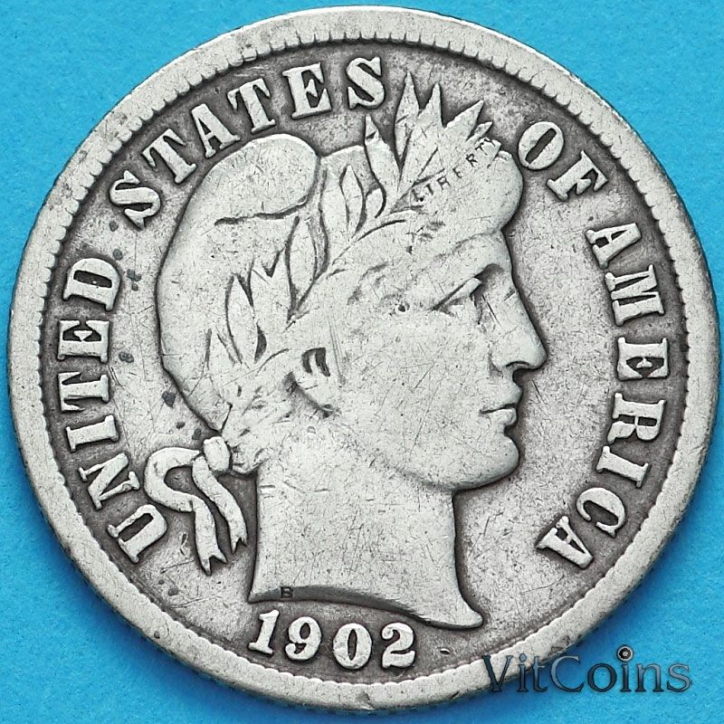 Монета США дайм Барбера (10 центов) 1902 год. Филадельфия. Серебро.