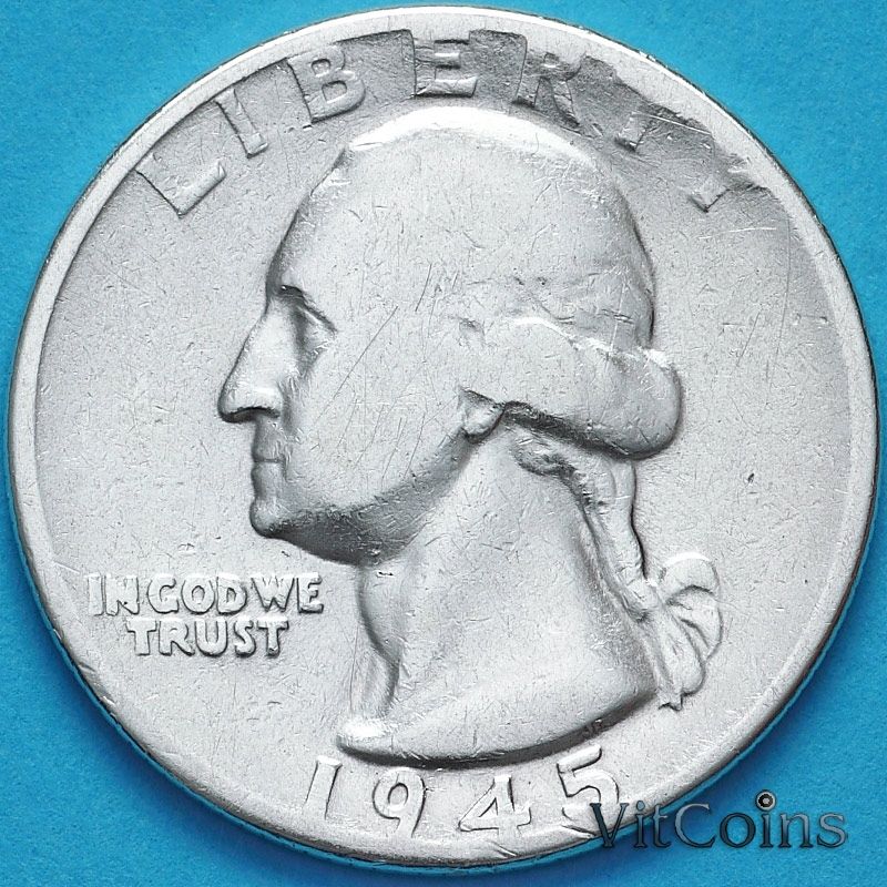 Монета США 25 центов 1945 год. Филадельфия. Серебро