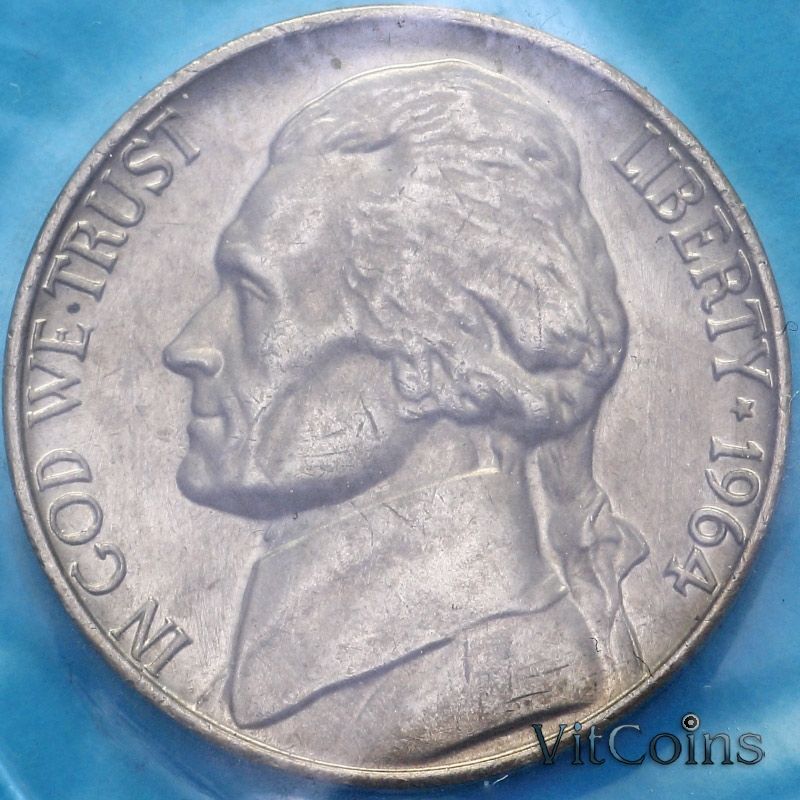 Монета США 5 центов 1964 год. Томас Джефферсон. Филадельфия