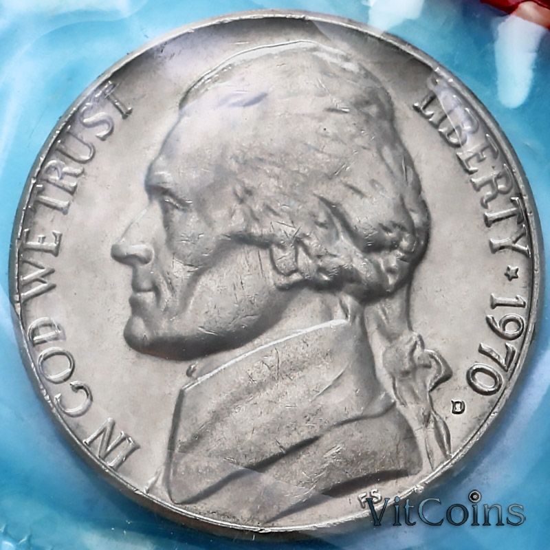 Монета США 5 центов 1970 год. Томас Джефферсон.  D