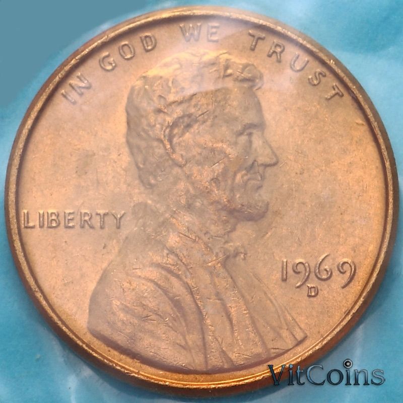Монета США 1 цент 1969 год. D