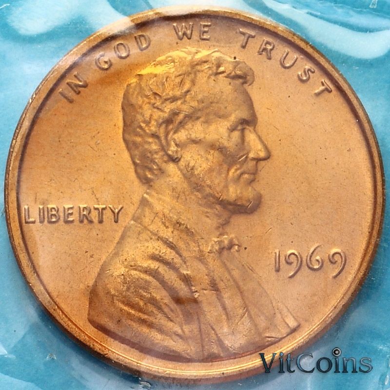 Монета США 1 цент 1969 год. Р