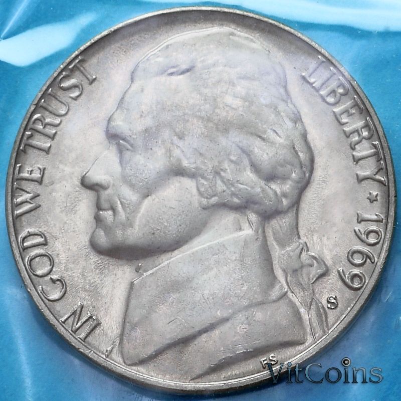 Монета США 5 центов 1969 год. Томас Джефферсон. S