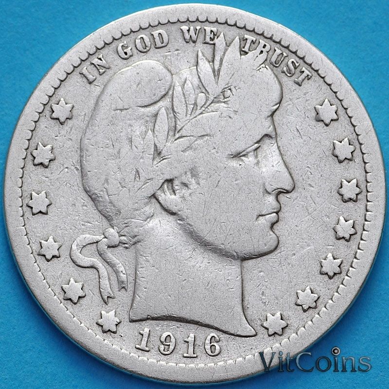 Монета США квотер Барбера (25 центов) 1916 год. Филадельфия. Серебро.
