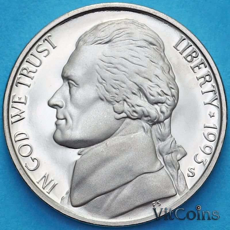 Монета США 5 центов 1993 год. S. Пруф Монета США 5 центов 1993 год. S. Пруф