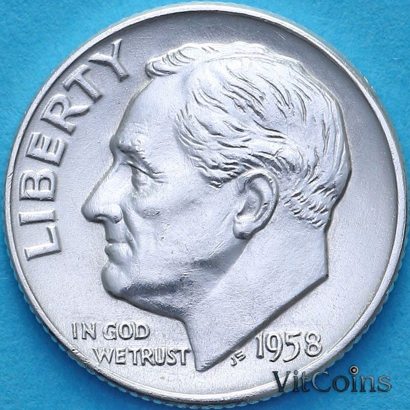 Монета США 10 центов (дайм) 1958 год. D