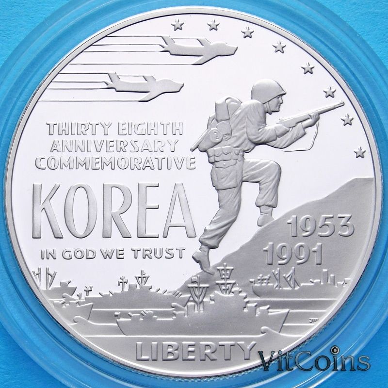 Монеты США 1 доллар 1991 год. Корейская война. Серебро. Пруф.