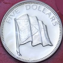 Багамские острова 5 долларов 1975 год. Медь-никель. Национальный флаг. BU