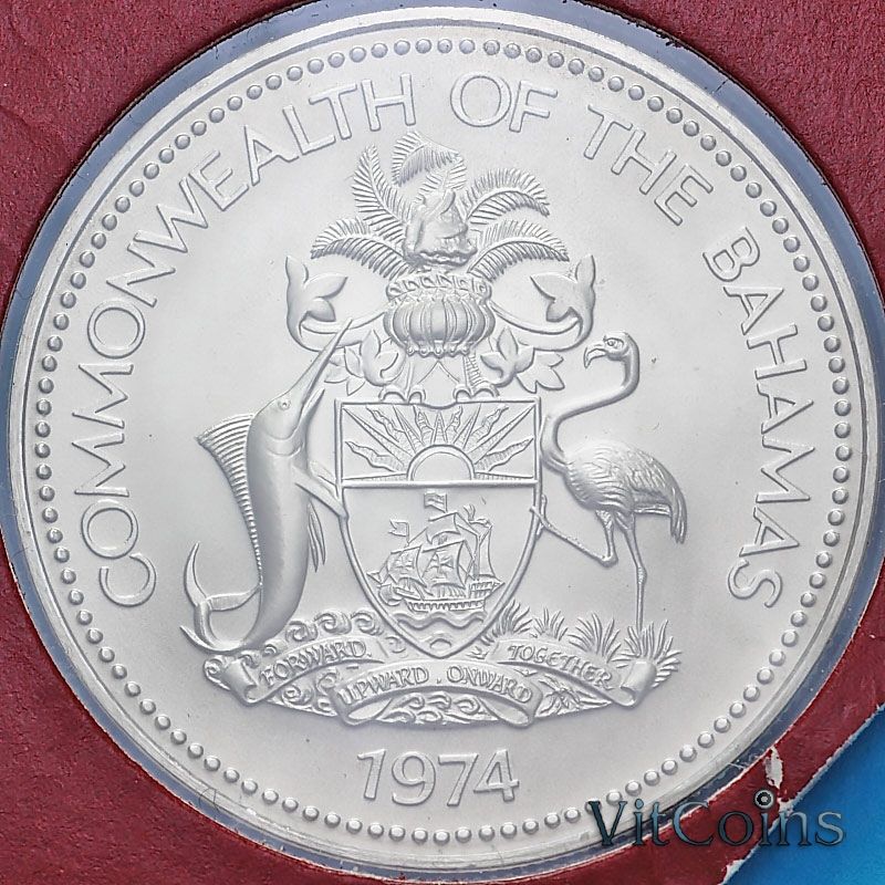 Монета Багамские острова 1 доллар 1974 год. Медь-никель. BU Монета Багамские острова 1 доллар 1974 год. Медь-никель. BU