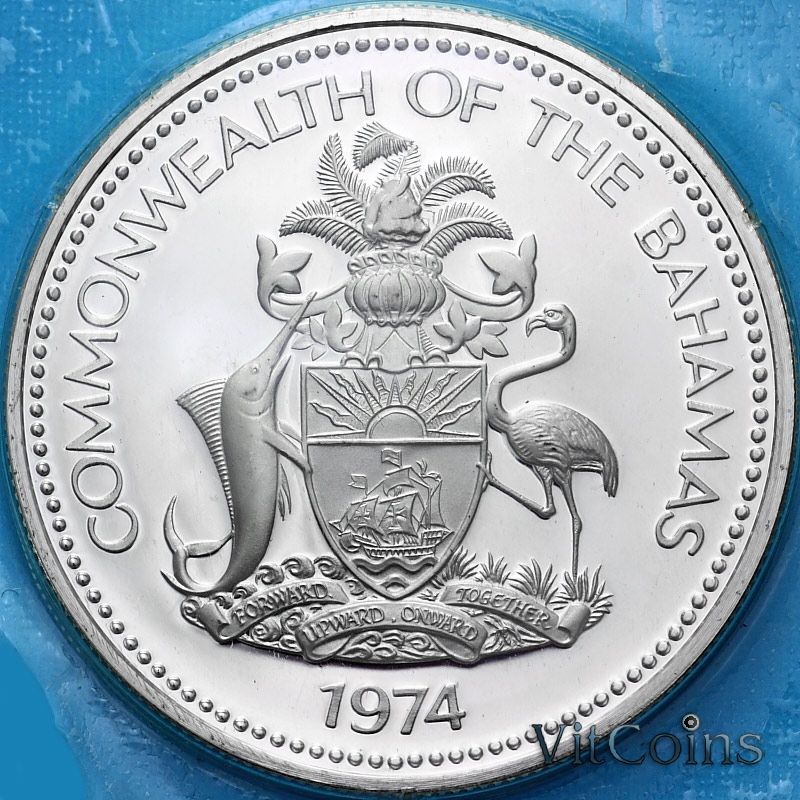 Монета Багамские острова 1 доллар 1974 год. Пруф