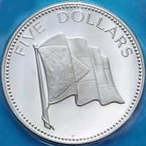 Багамские острова 5 долларов 1975 год. Национальный флаг. Серебро. Пруф