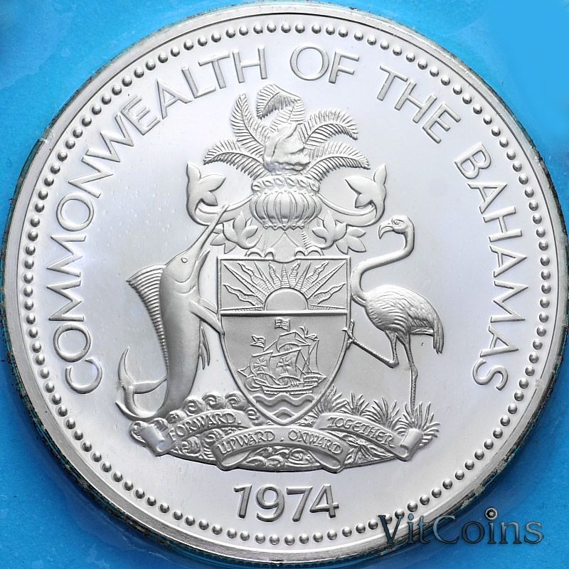 Монета Багамские острова 5 долларов 1974 год. Национальный флаг. Пруф