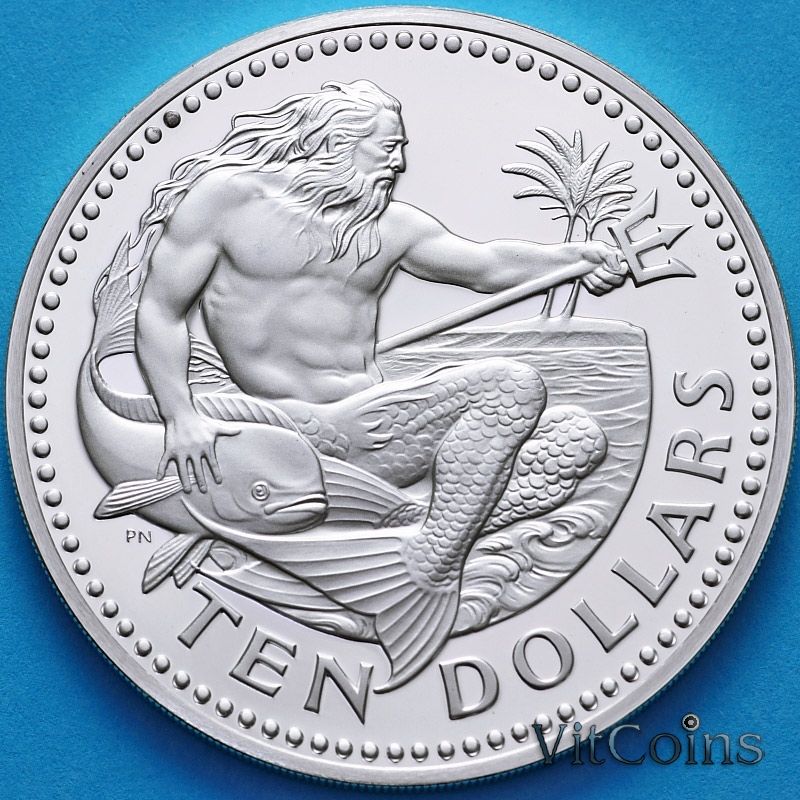 Монета Барбадос10 долларов 1975 год. Нептун. Серебро. Proof