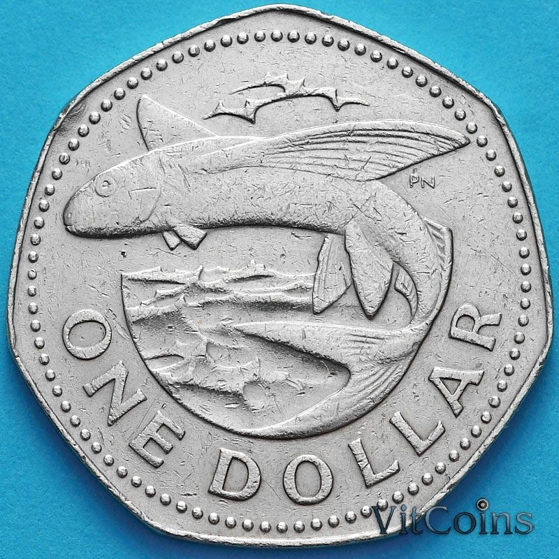 Монета Барбадос 1 доллар 1973-1985 год. Летучая рыба.