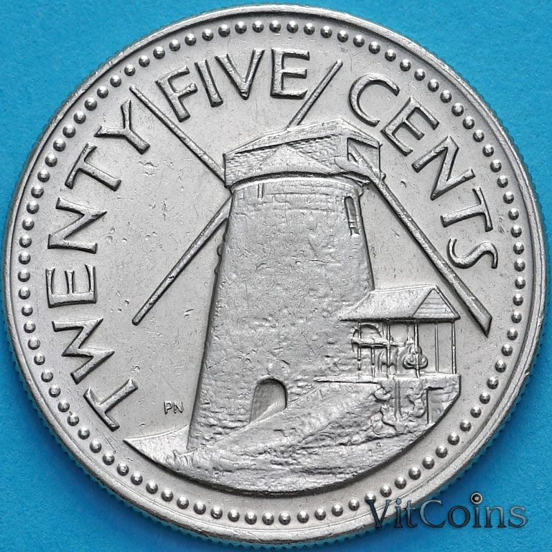 Монета Барбадос 25 центов 1973 год. Мельница.