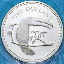 Белиз 5 долларов 1974 год. Киленосый тукан. Серебро. Proof