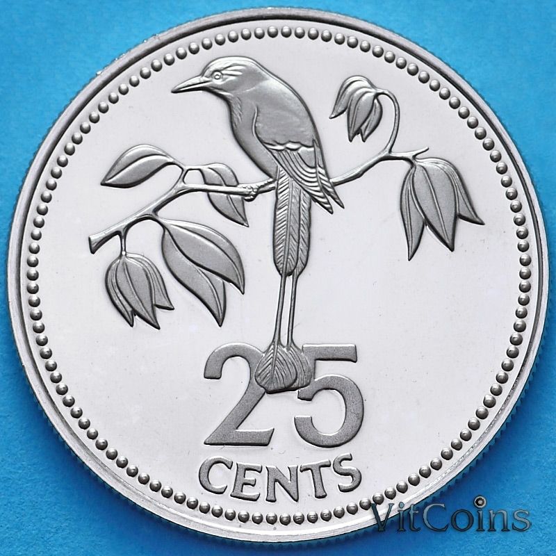 Монета Белиз 25 центов 1976 год. Мотмот Proof