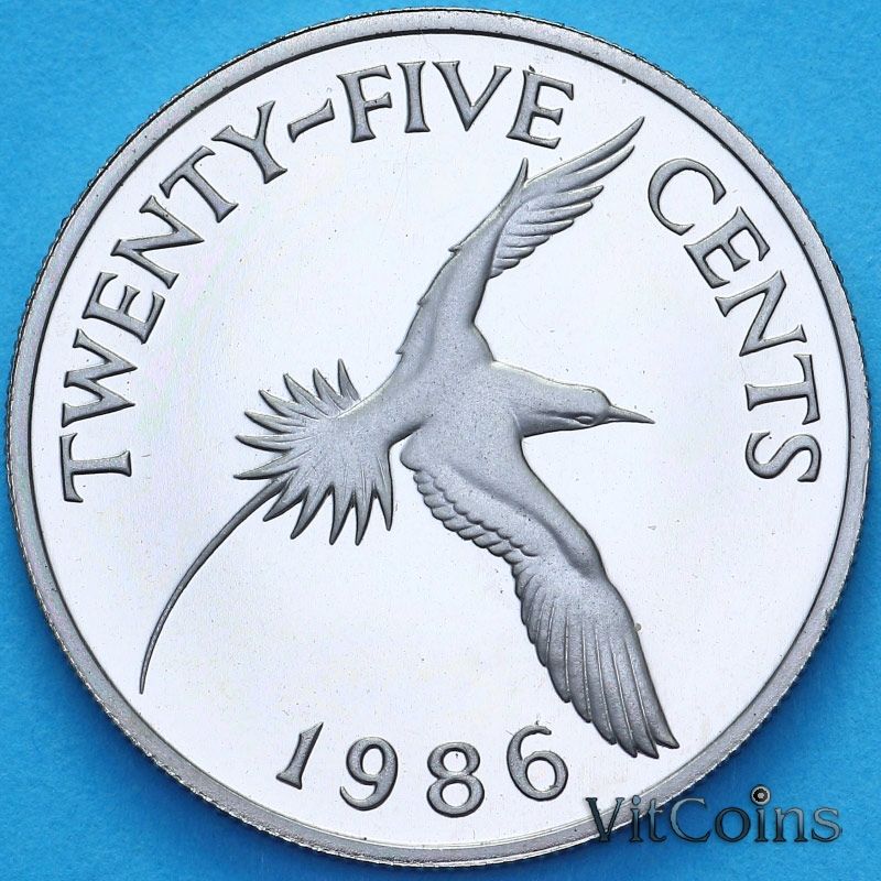 Монета Бермудские острова 25 центов 1986 год. Пруф Монета Бермудские острова 25 центов 1986 год. Пруф