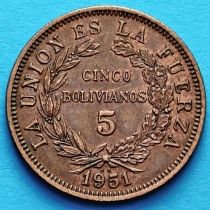 Боливия 5 боливиано 1951 год. KN.