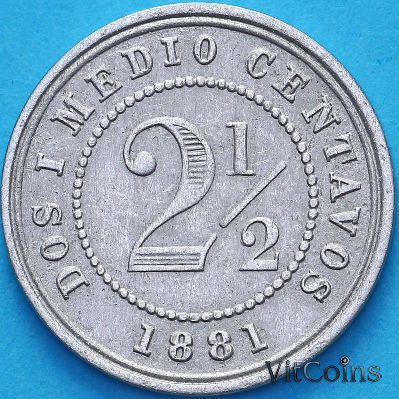 Монета Колумбия 2 1/2 сентаво 1881 год. KM# 180