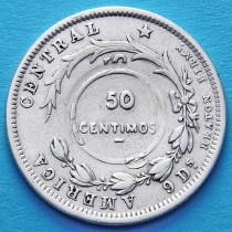 Коста Рика 50 сентимо 1923 год. Надчекан. Серебро.