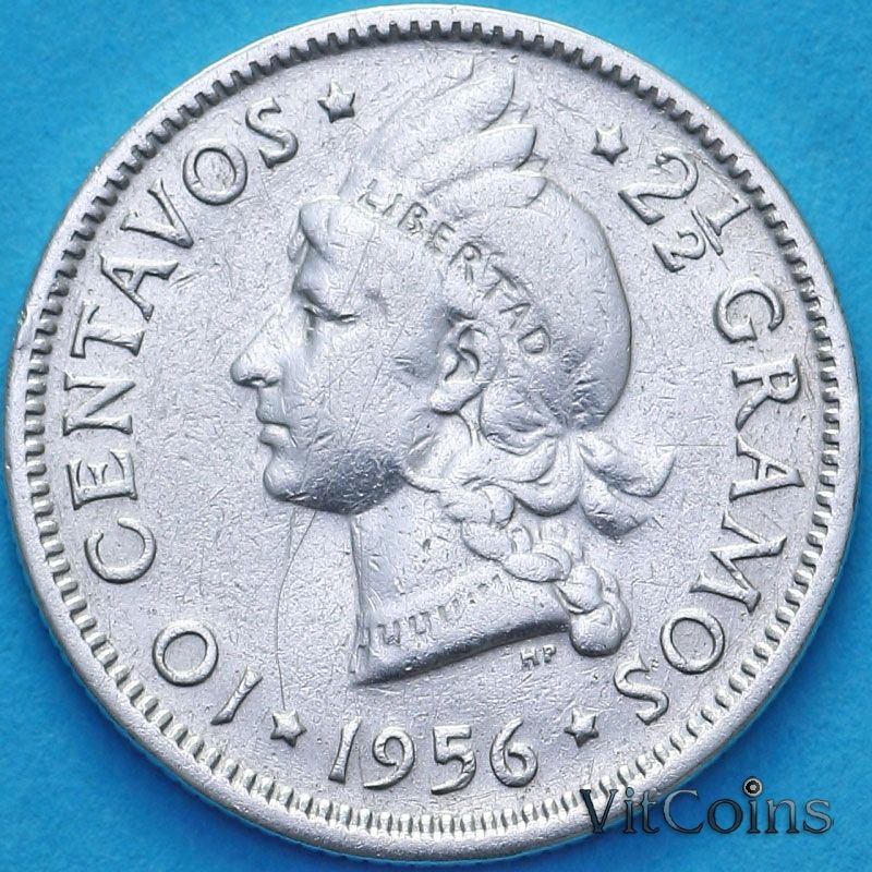 Монета Доминиканская Республика 10 сентаво 1956 год. Монета Доминиканская Республика 10 сентаво 1956 год.