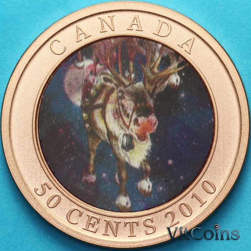 Монета Канада 50 центов 2010 год. Рождество. Олень, Санта Монета Канада 50 центов 2010 год. Рождество. Олень, Санта