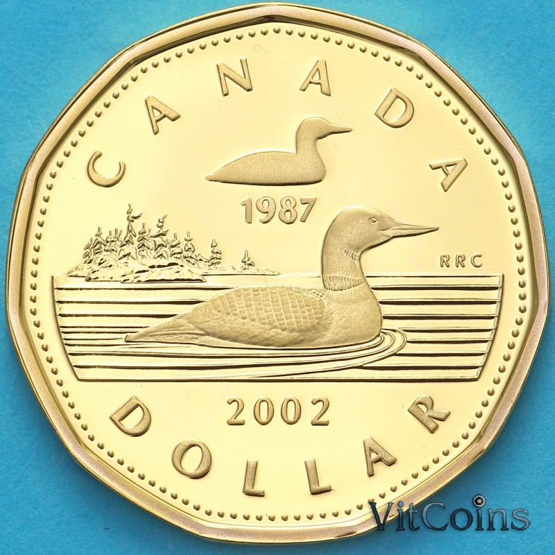 Монета Канада 1 доллар 2002 год. 15 лет долларовой монете "Луни". Пруф Монета Канада 1 доллар 2002 год. 15 лет долларовой монете "Луни". Пруф