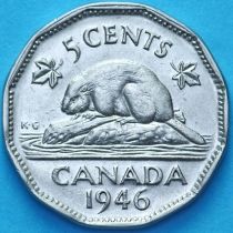 Канада 5 центов 1946 год. Канадский бобр. Канада 5 центов 1946 год. Канадский бобр.