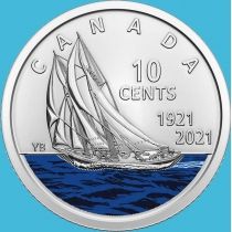 Канада 10 центов 2021 год. 100 лет шхуне "Bluenose".Цветная