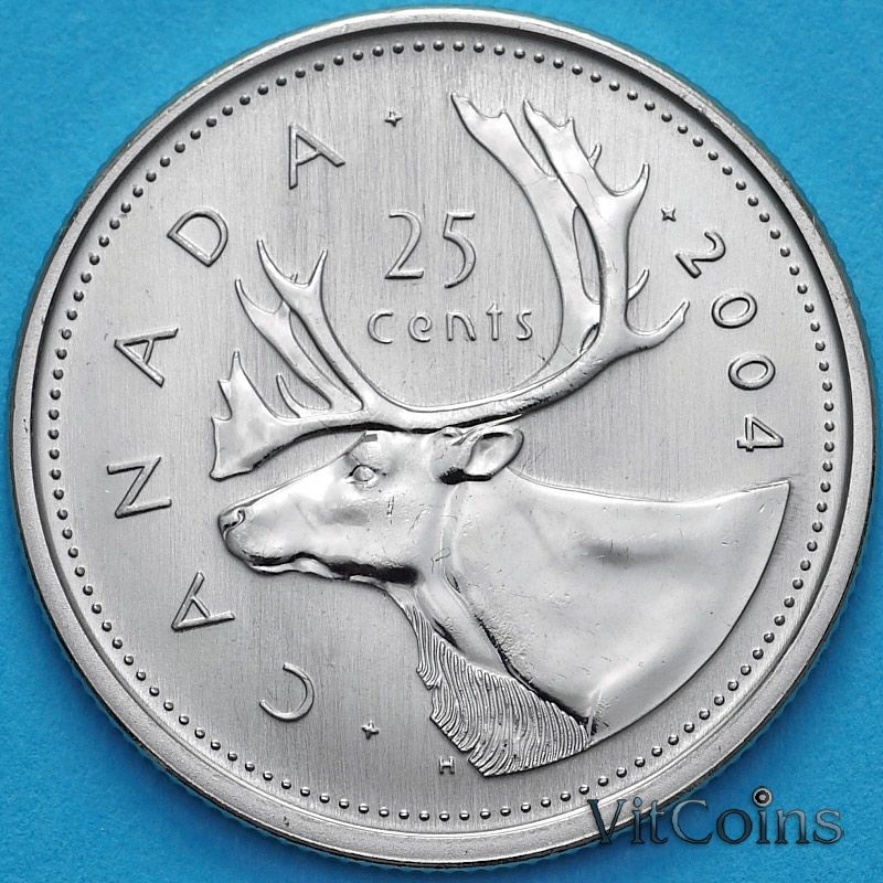 Монета Канада 25 центов 2004 год. Матовая. Пруф.