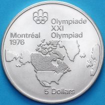 Канада 5 долларов 1973 год. Олимпиада, карта Канады. Серебро