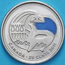 Канада 25 центов 2011 год. Кит. Цветная.