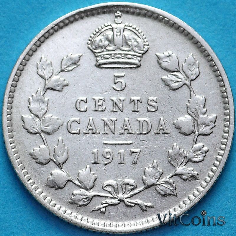 Монета Канада 5 центов 1917 год. Серебро. 