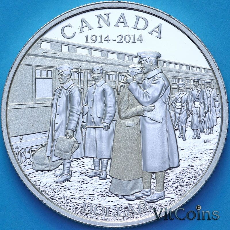 Монета Канада 1 доллар 2014 год. 100 лет объявлению Первой мировой войны. Пруф.