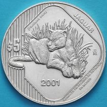 Мексика 5 песо 2001 год. Ягуар. Серебро.