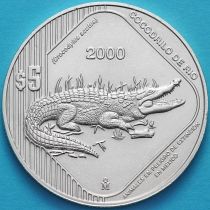 Мексика 5 песо 2000 год. Острорылый крокодил. Серебро.