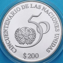 Уругвай 200 песо 1995 год. 50 лет ООН. Серебро.