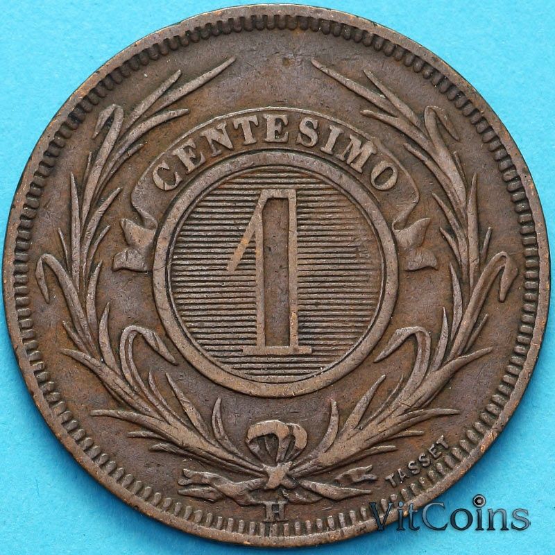 Монета Уругвай 1 сентесимо 1869 год. Н