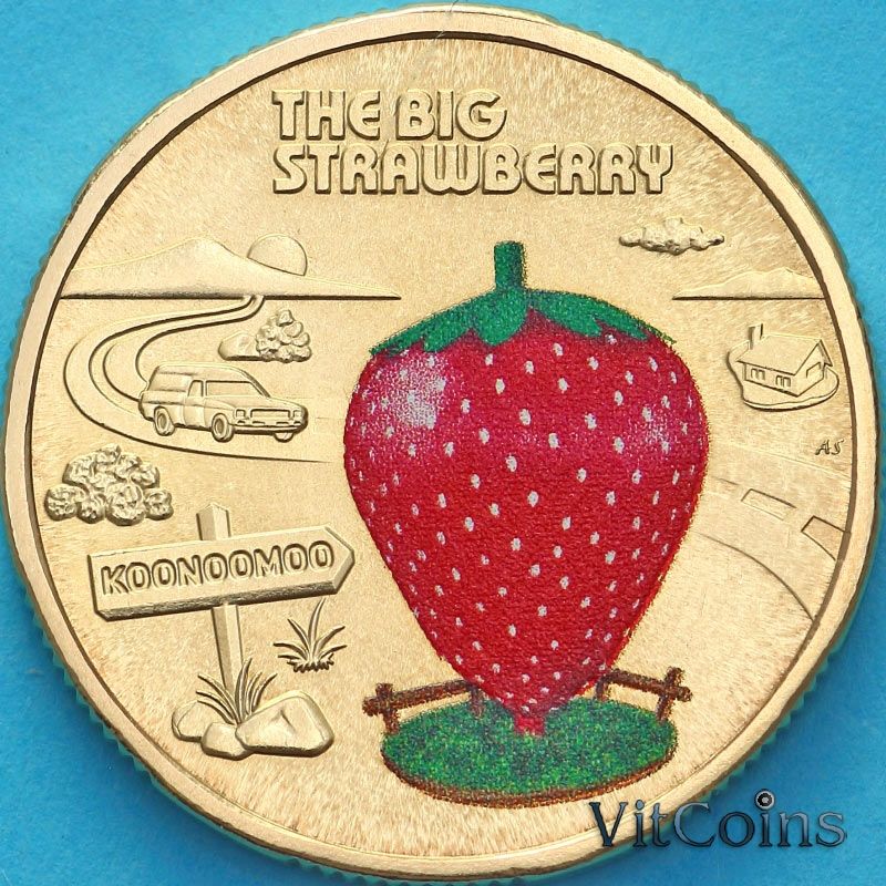 Монета Австралия 1 доллар 2025 год. Большая клубничка. Цветная Монета Австралия 1 доллар 2025 год. Большая клубничка. Цветная