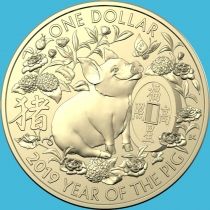 Австралия 1 доллар 2019 год. Год свиньи. Сидящая свинья