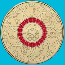 Австралия 2 доллара 2016 год. Олимпмада в Рио. Красное кольцо