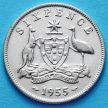 Монета Австралии 6 пенсов 1955 год. Королева Елизавета II. Серебро.
