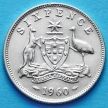 Монета Австралии 6 пенсов 1960 год. Королева Елизавета II. Серебро.