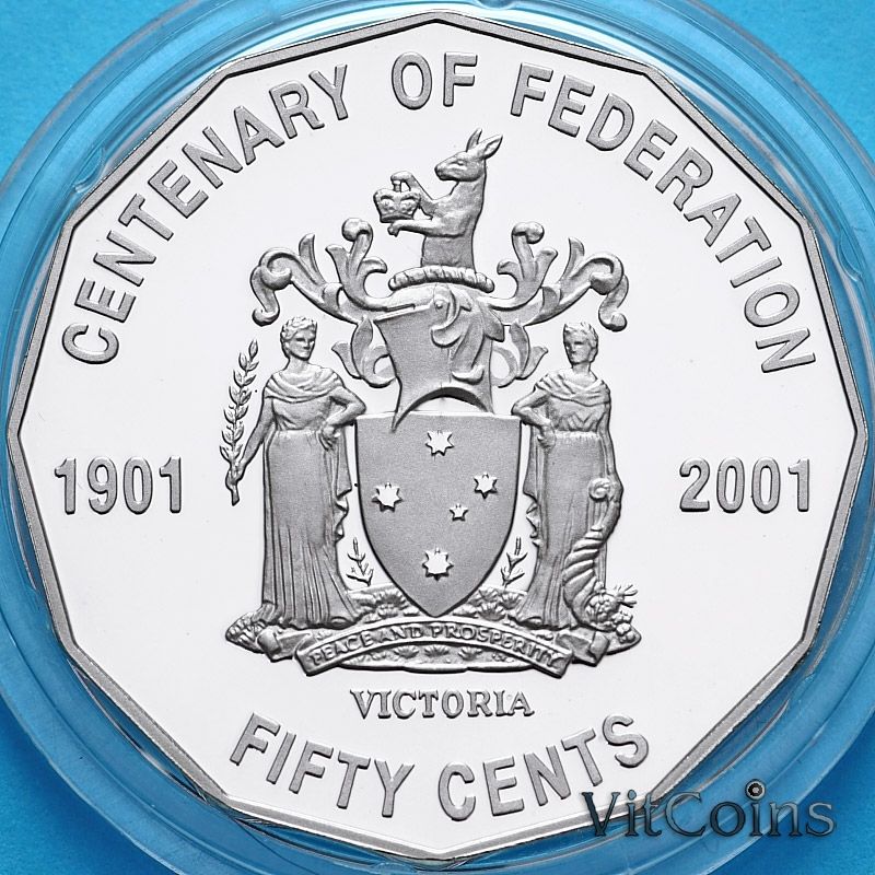 Монета Австралия 50 центов 2001 год. 100 лет Федерации. Виктория. Proof