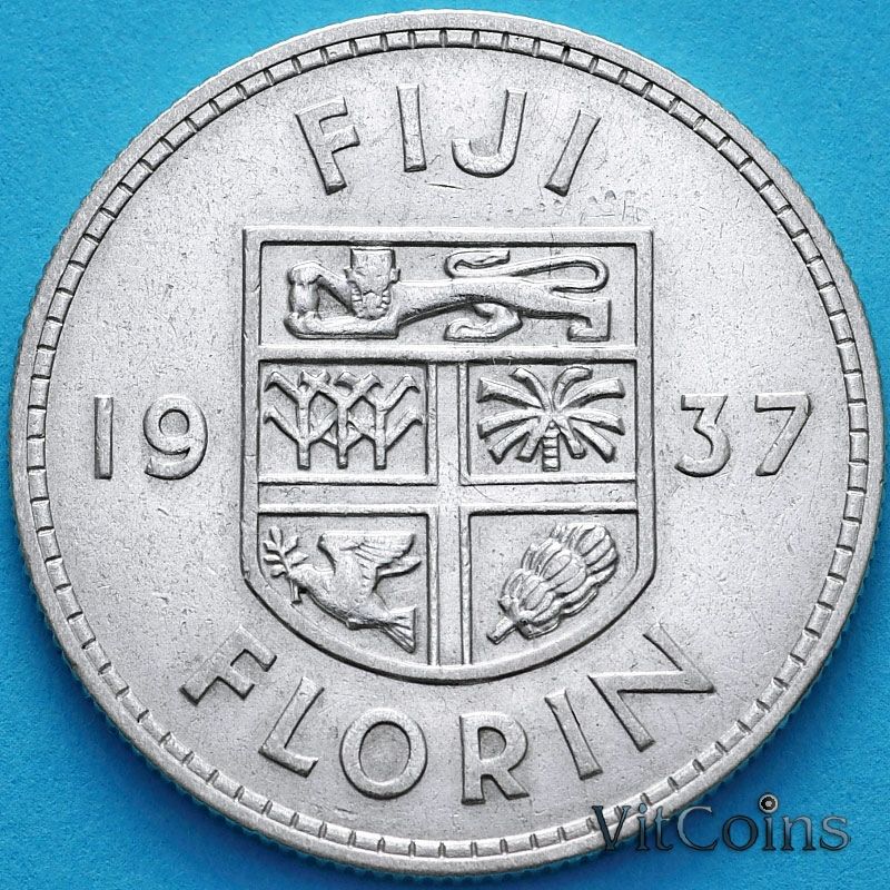 Монета Фиджи 1 флорин 1937 год. Серебро.