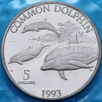 Маршалловы острова 5 долларов 1993 год. Дельфины