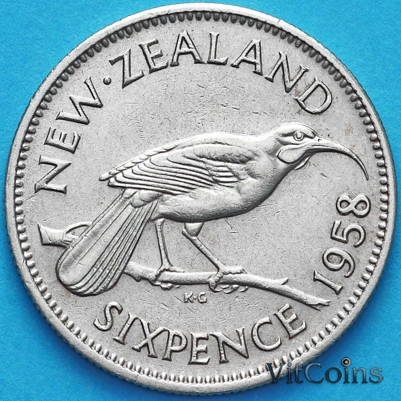 Монета Новая Зеландия 6 пенсов 1958 год. Гуйя.
