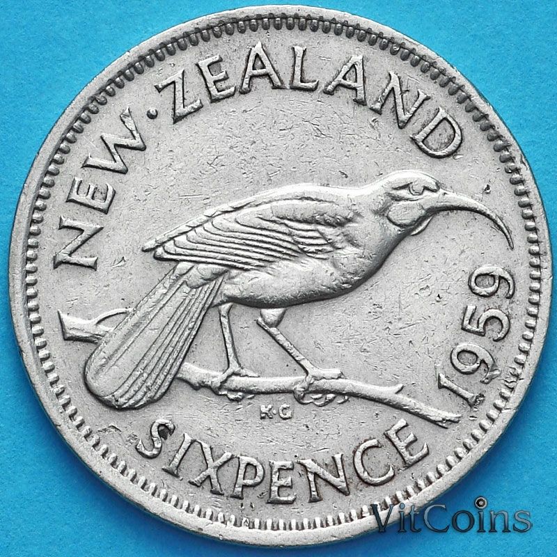 Монета Новая Зеландия 6 пенсов 1959 год. Гуйя.
